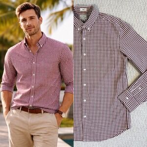 J.Crew Mens Slim Secret Wash Organic Cotton Gingham Check Shirt Burgundy Medium
